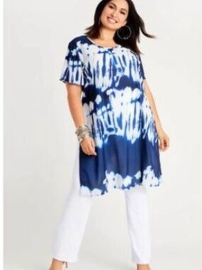 Ashley Stewart Navy and White Tie-Dye Short Sleeve Tunic duster 14/16 new
